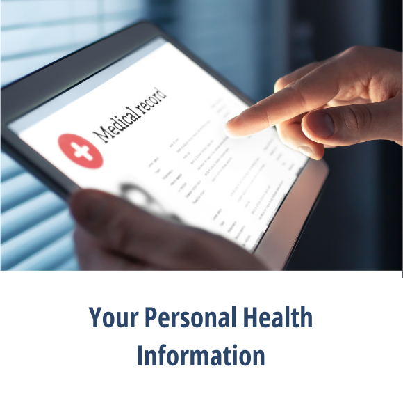 A patient holding a tablet with a medical record on the screen and the Your Personal Health Information button.